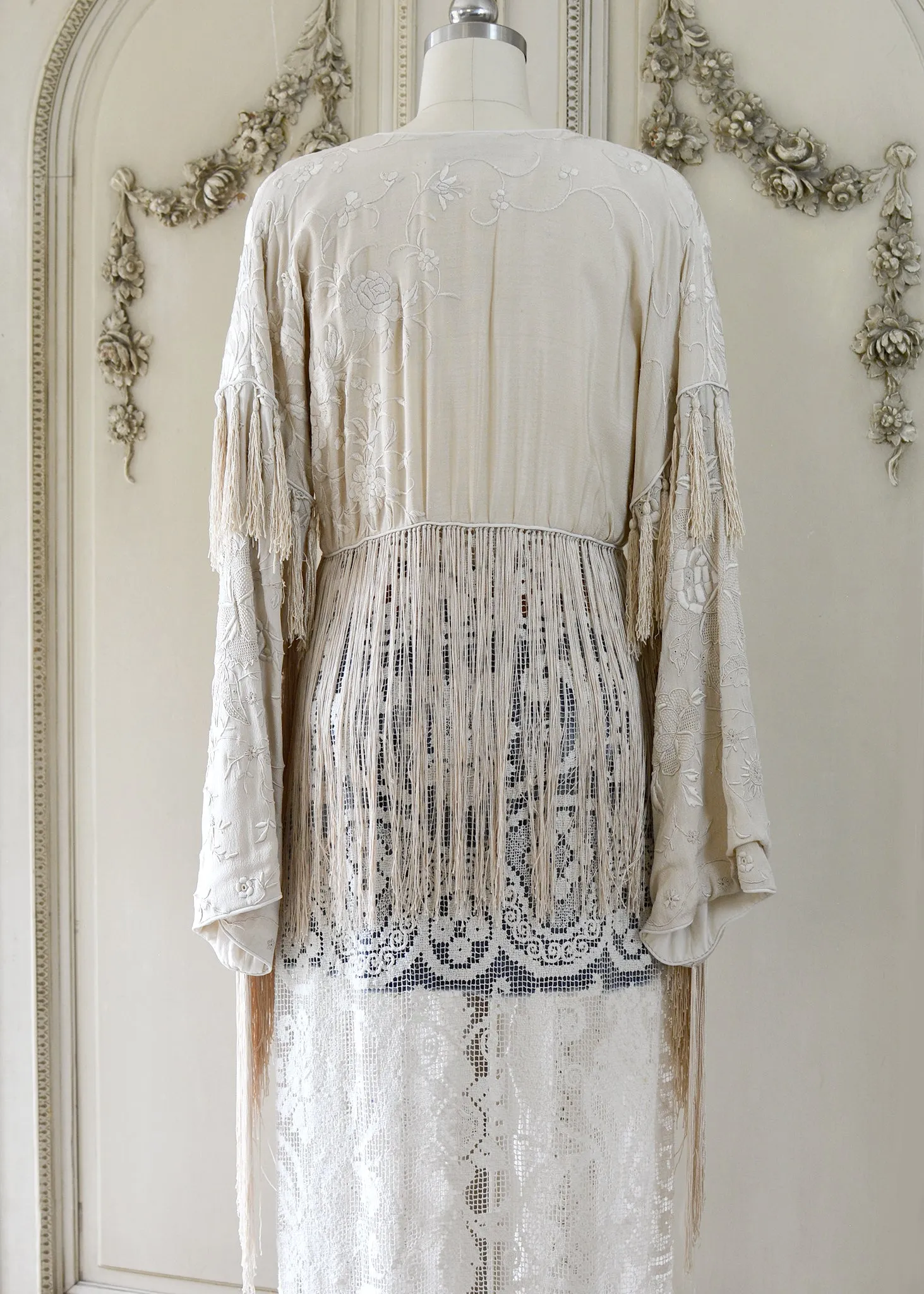 Etta Opulent Antique Hand Embroidered Creme Silk Duster with Irish Lace Skirt