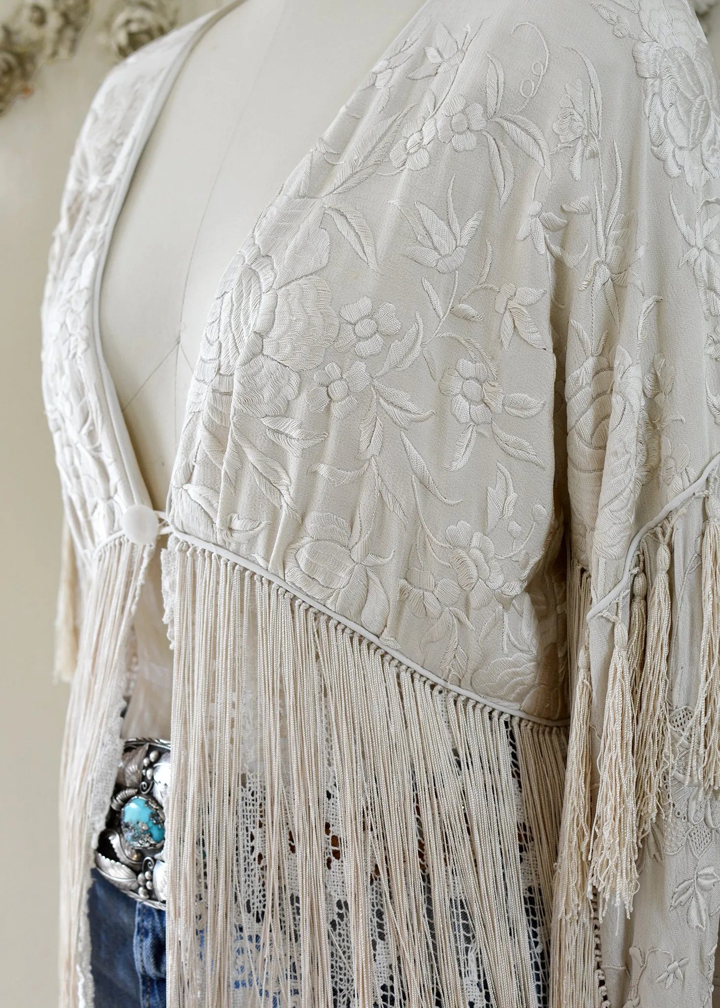 Etta Opulent Antique Hand Embroidered Creme Silk Duster with Irish Lace Skirt