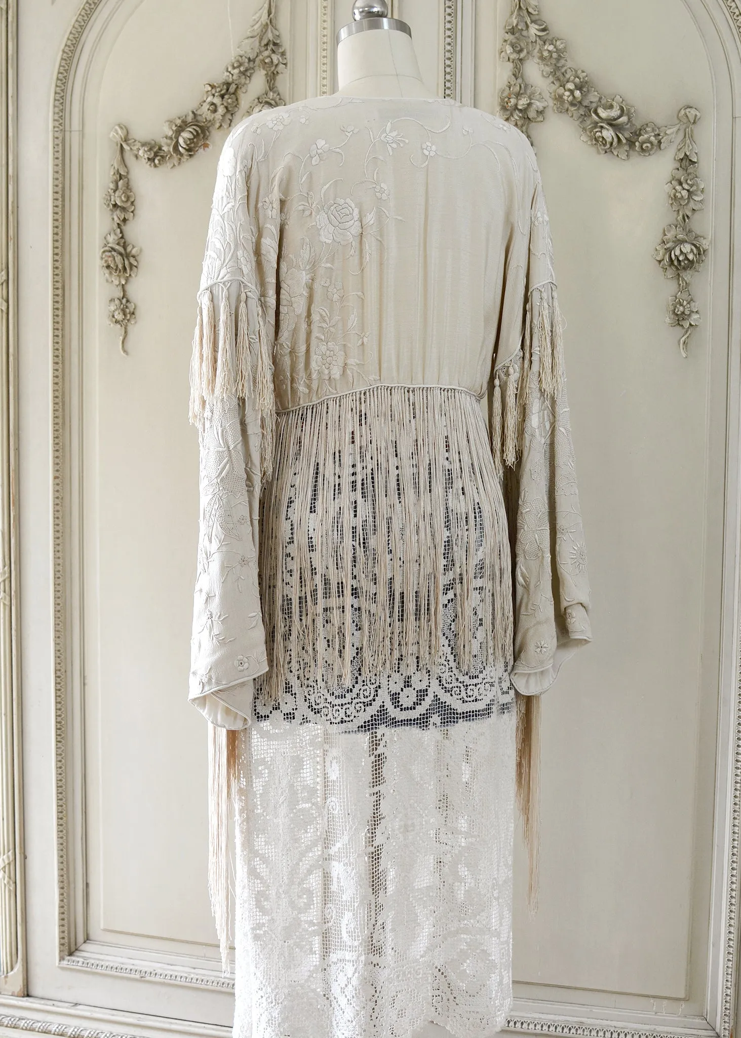 Etta Opulent Antique Hand Embroidered Creme Silk Duster with Irish Lace Skirt