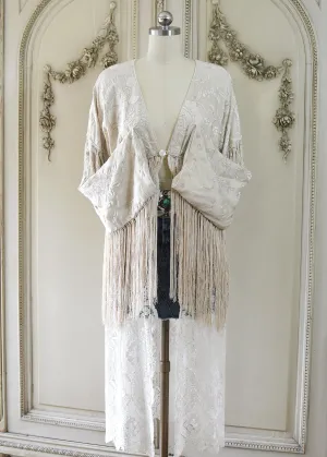 Etta Opulent Antique Hand Embroidered Creme Silk Duster with Irish Lace Skirt