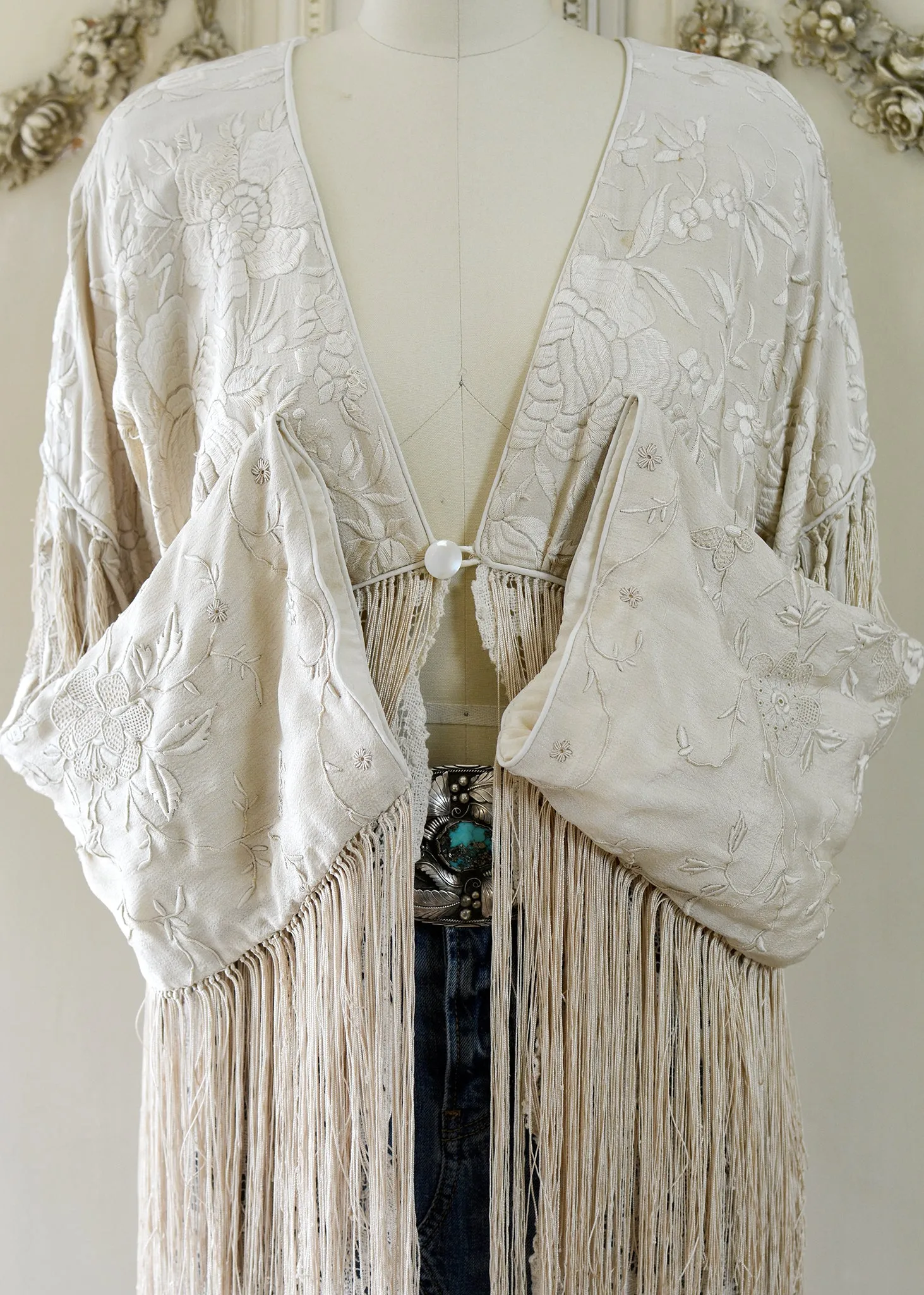 Etta Opulent Antique Hand Embroidered Creme Silk Duster with Irish Lace Skirt