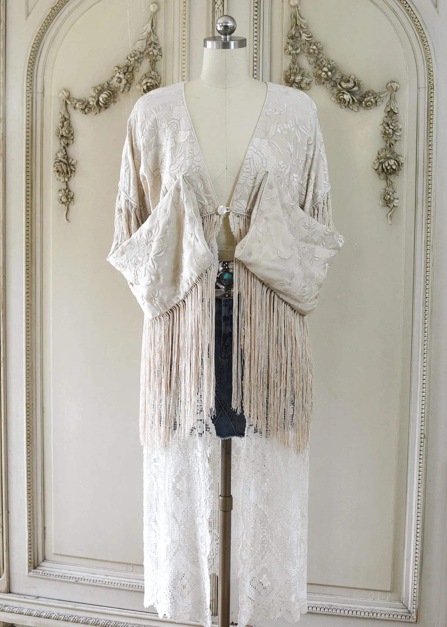 Etta Opulent Antique Hand Embroidered Creme Silk Duster with Irish Lace Skirt