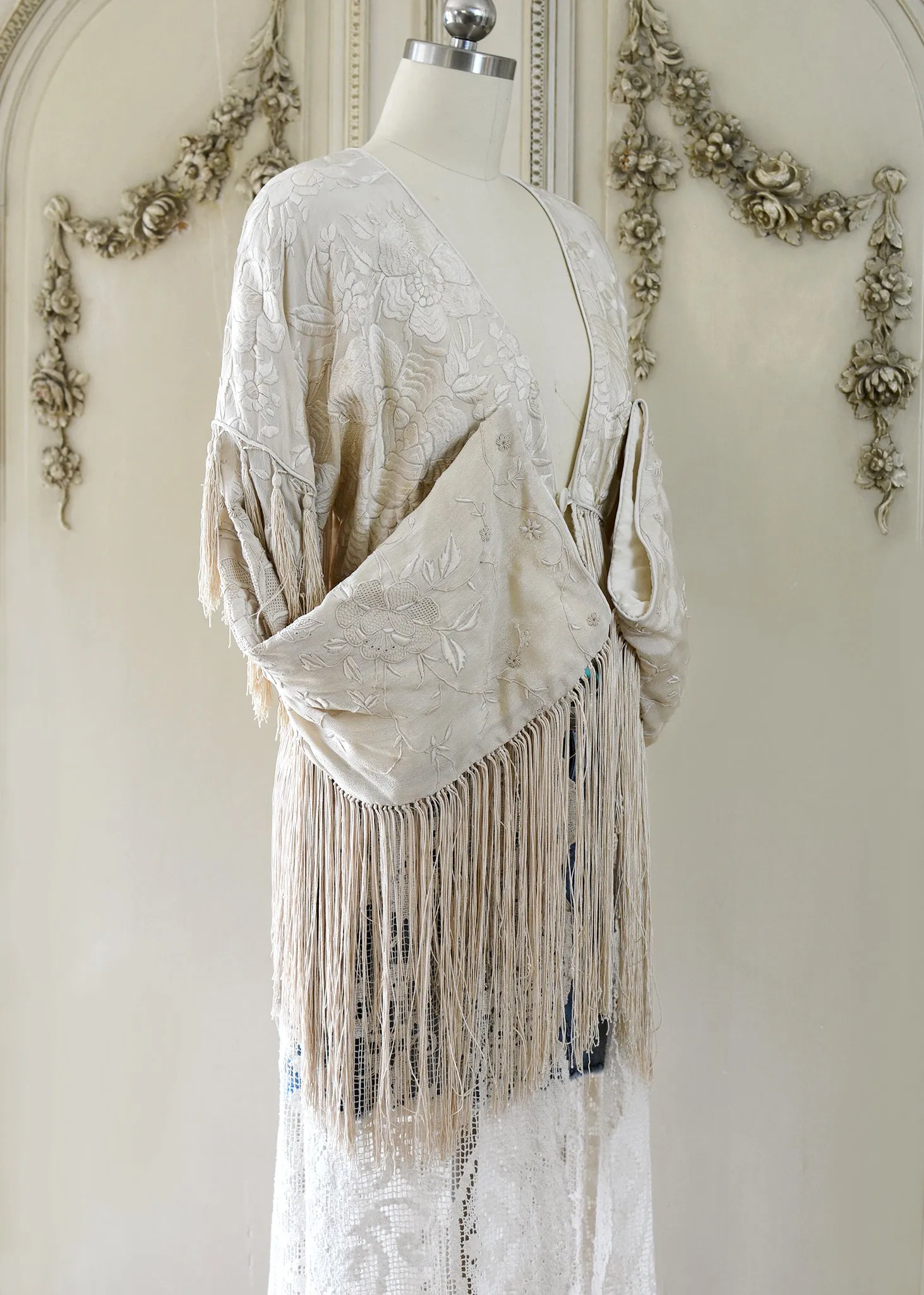 Etta Opulent Antique Hand Embroidered Creme Silk Duster with Irish Lace Skirt