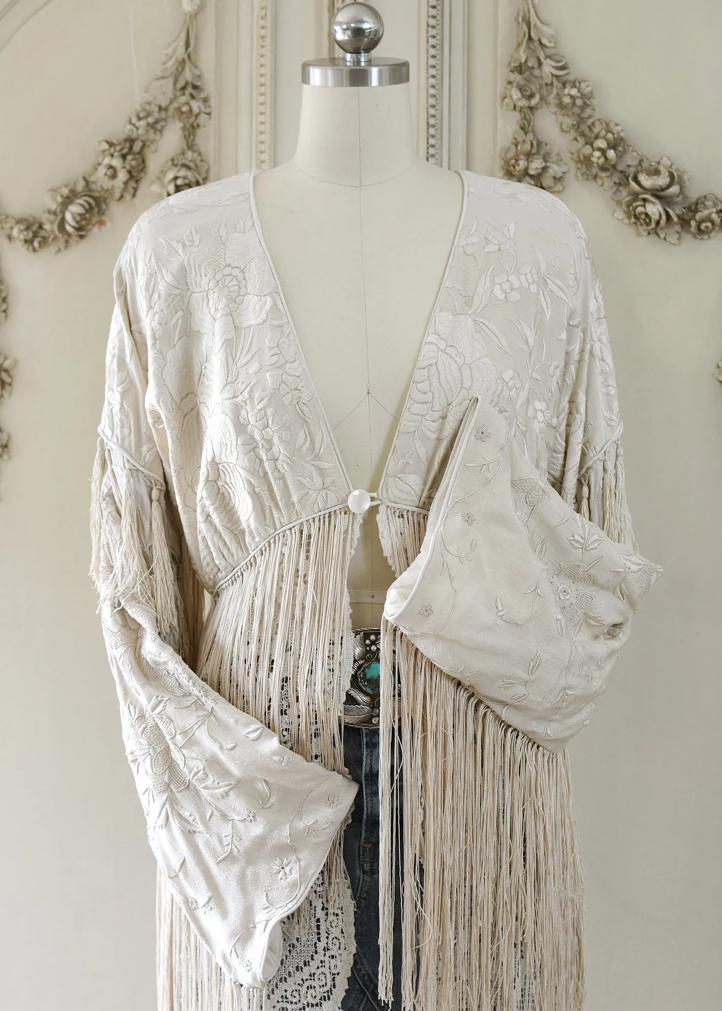 Etta Opulent Antique Hand Embroidered Creme Silk Duster with Irish Lace Skirt