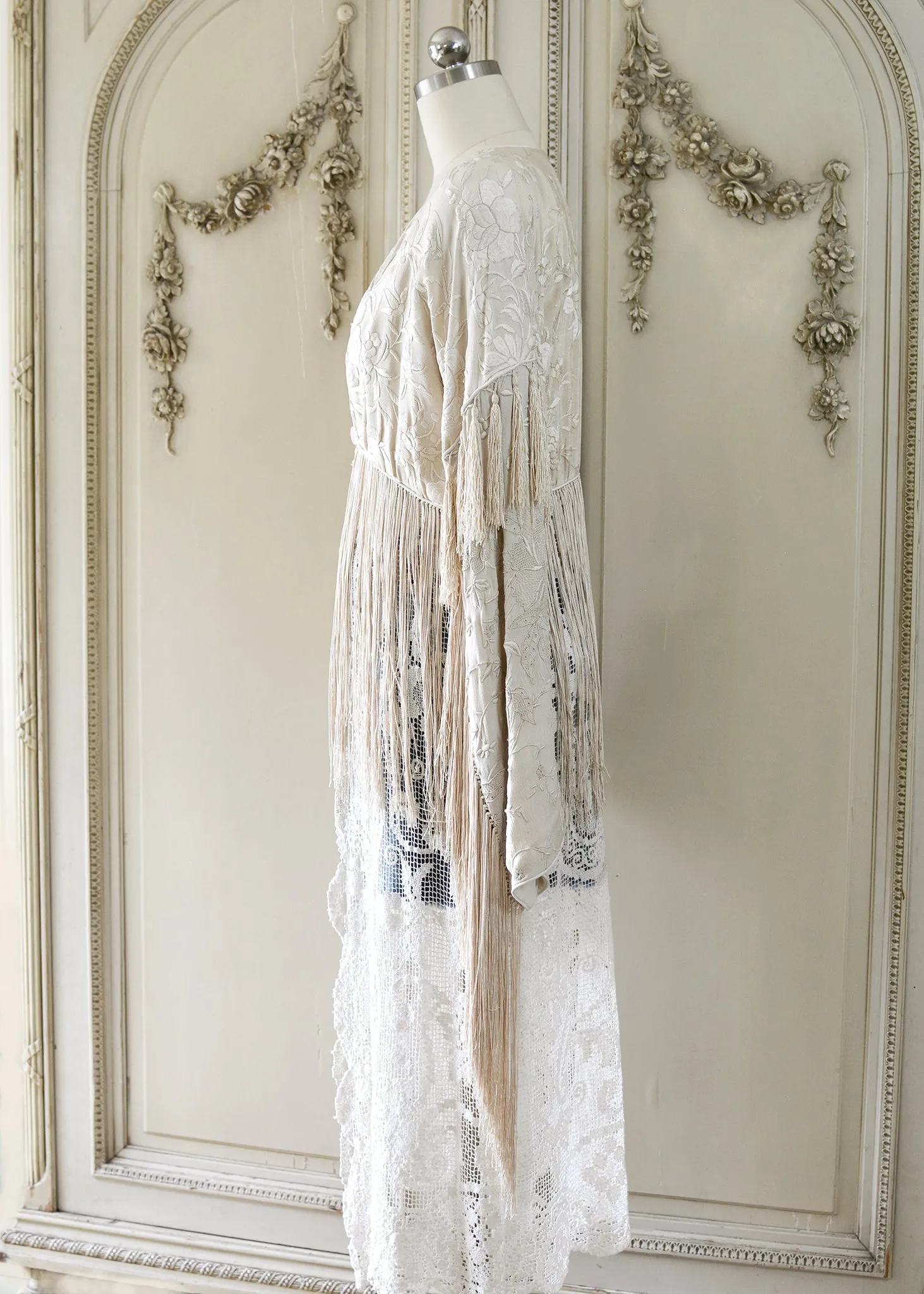 Etta Opulent Antique Hand Embroidered Creme Silk Duster with Irish Lace Skirt
