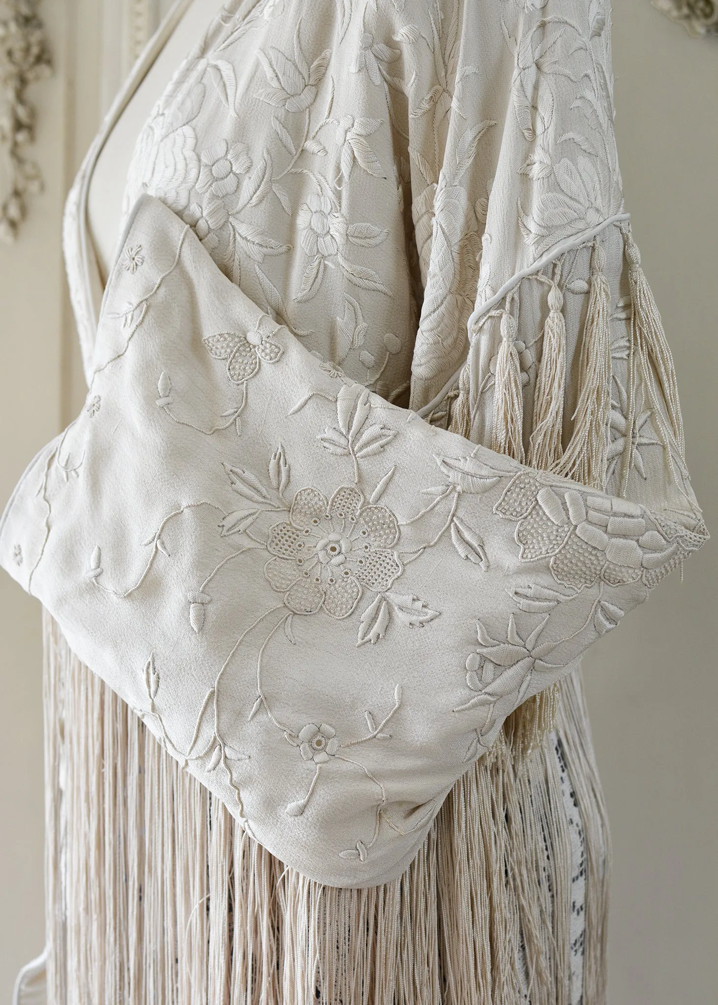 Etta Opulent Antique Hand Embroidered Creme Silk Duster with Irish Lace Skirt