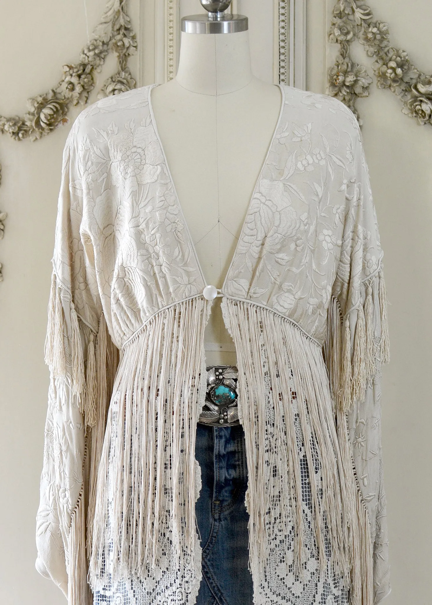 Etta Opulent Antique Hand Embroidered Creme Silk Duster with Irish Lace Skirt