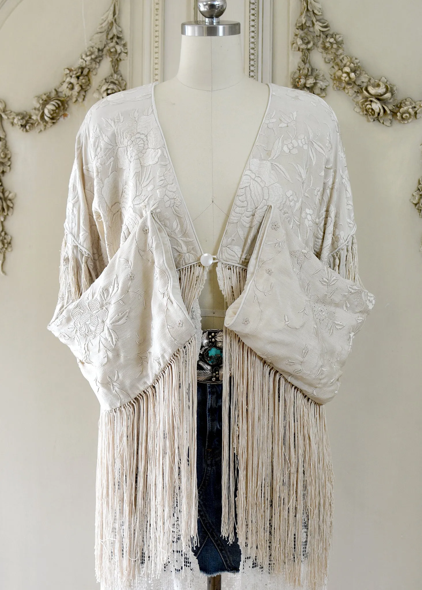Etta Opulent Antique Hand Embroidered Creme Silk Duster with Irish Lace Skirt