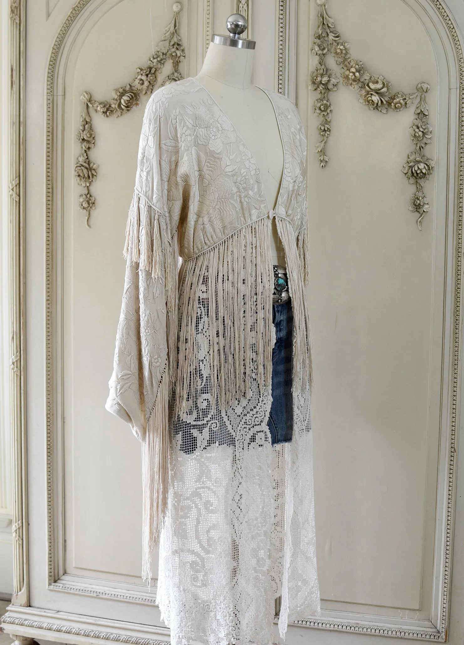 Etta Opulent Antique Hand Embroidered Creme Silk Duster with Irish Lace Skirt