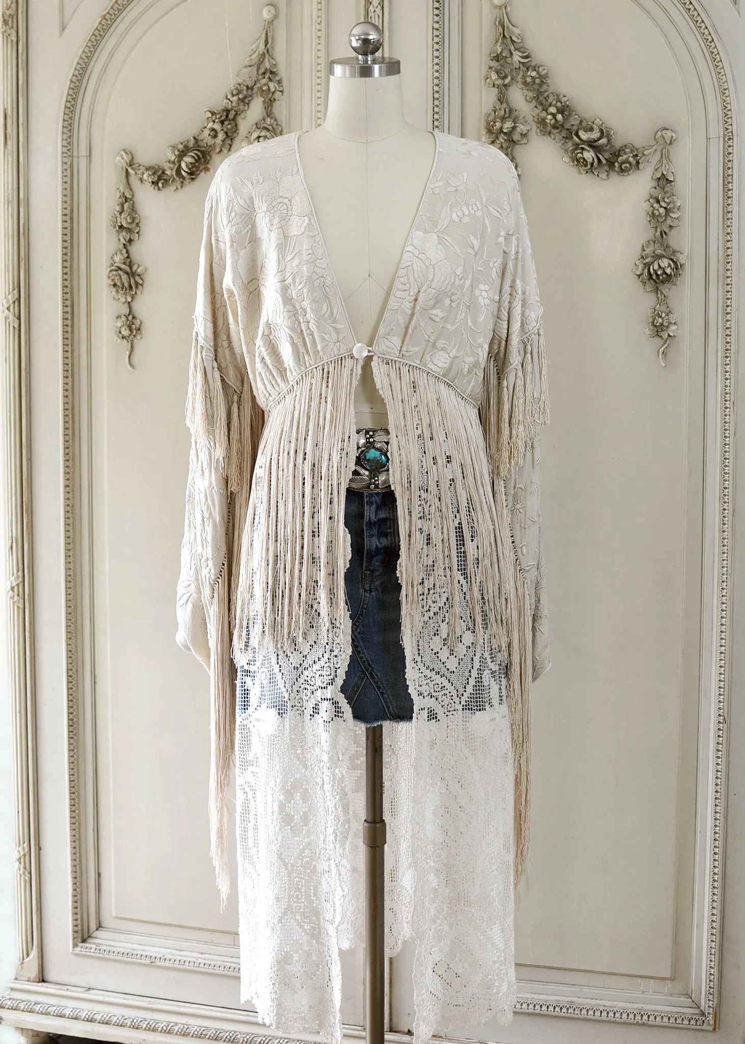 Etta Opulent Antique Hand Embroidered Creme Silk Duster with Irish Lace Skirt