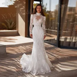 Exquisite Wedding Dresses A-Line Lace Appliques Back With Button Illusion Bride Gowns High Neck Long Sleeve Customized Mermaid