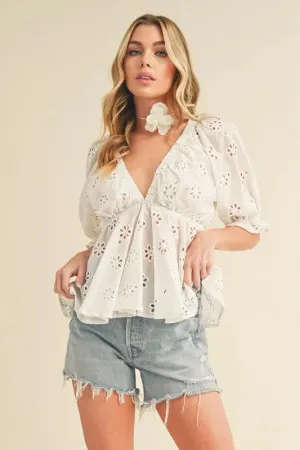 Eyelet Embroidered V-Neck Half Sleeve Peplum Blouse