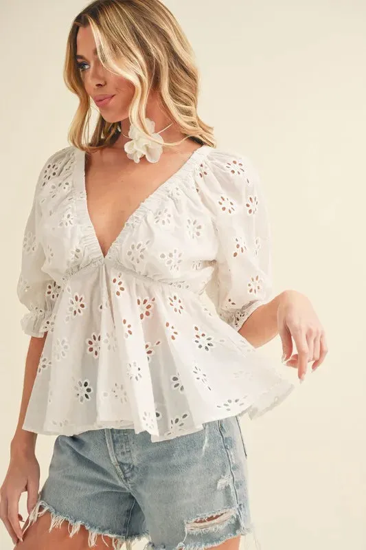 Eyelet Embroidered V-Neck Half Sleeve Peplum Blouse