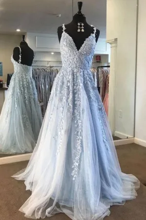 Fairy Light Blue Lace Appliques Tulle A-line Long Prom Dresses