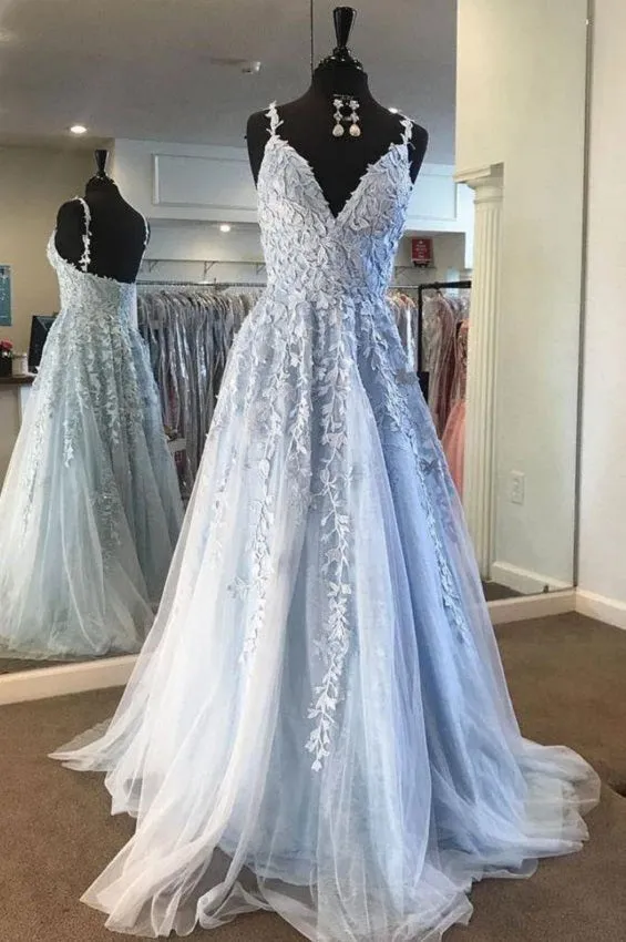 Fairy Light Blue Lace Appliques Tulle A-line Long Prom Dresses