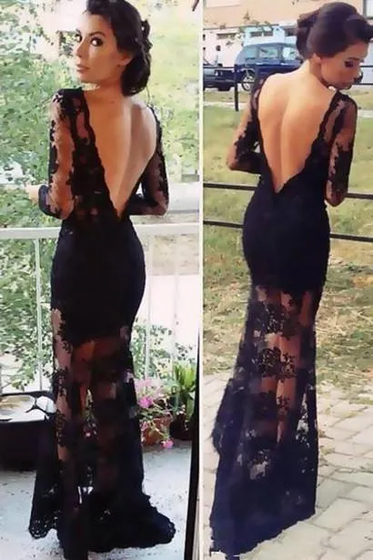 Fashion Black Lace Sheath Long Sleeve Prom Dress Evening Dress, Prom Gowns, MP222
