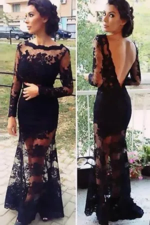Fashion Black Lace Sheath Long Sleeve Prom Dress Evening Dress, Prom Gowns, MP222