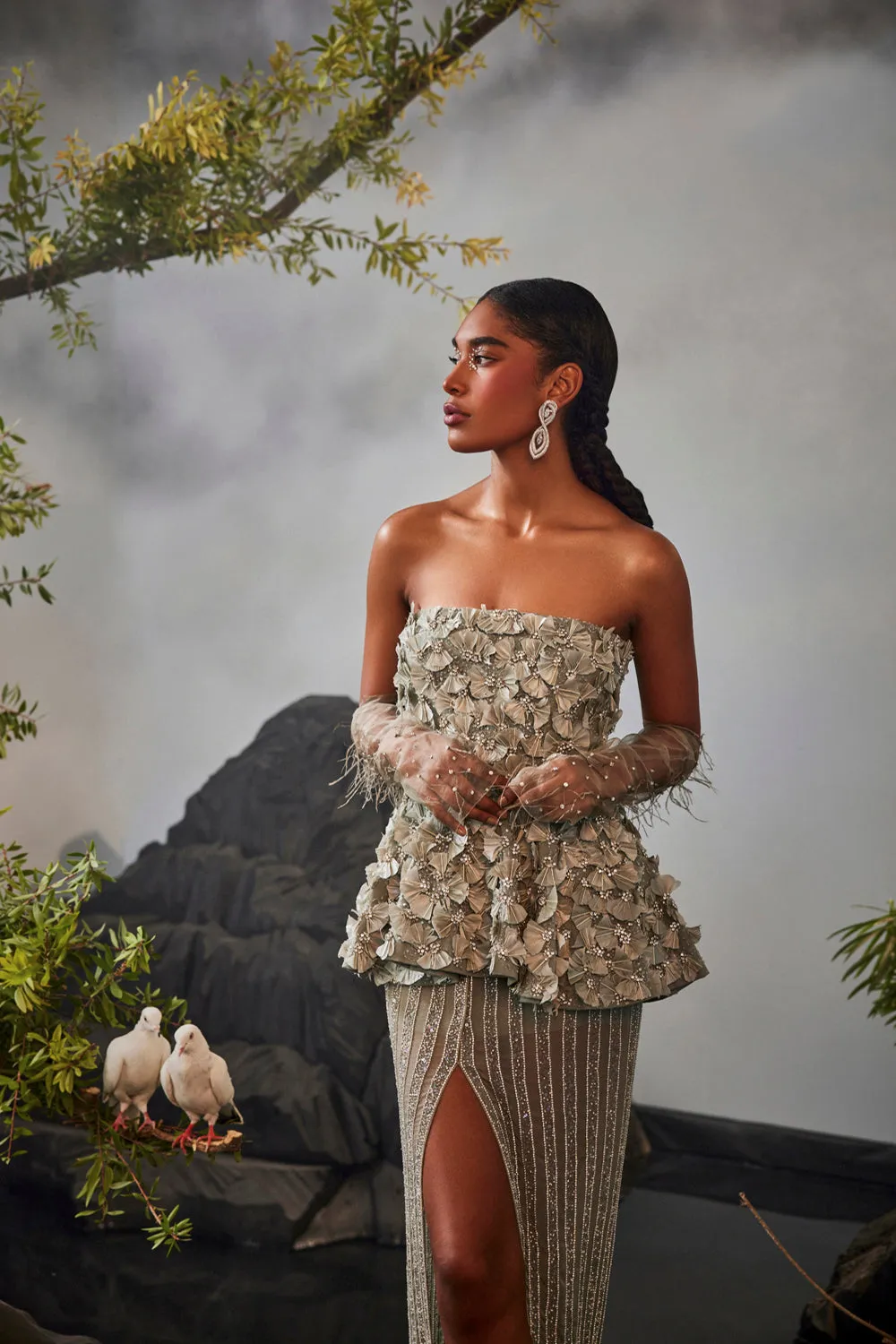 Feather Embellished Peplum Top With Slit Skirt