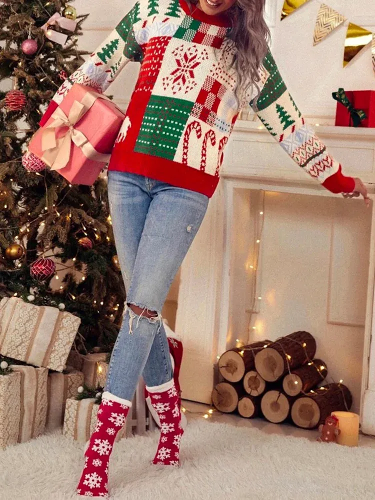 Festival Floral Printed Crochet Round-Neck Christmas Sweater Tops