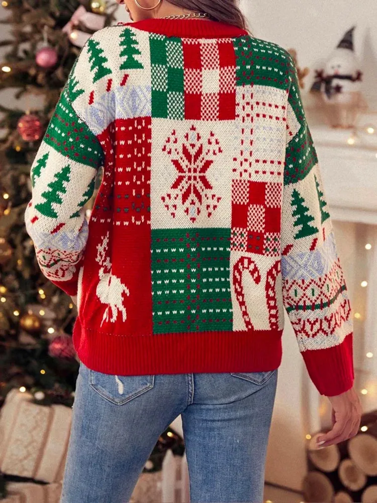Festival Floral Printed Crochet Round-Neck Christmas Sweater Tops
