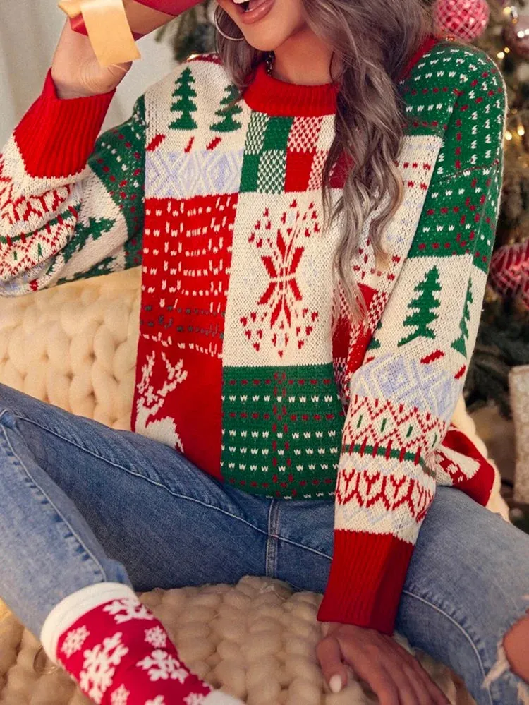 Festival Floral Printed Crochet Round-Neck Christmas Sweater Tops