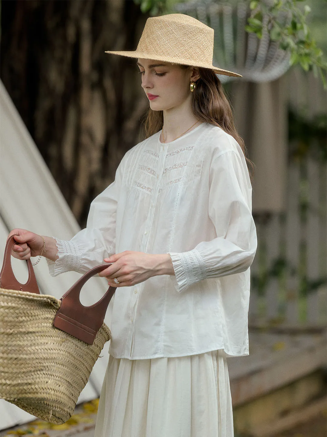 【Final Sale】Adeline Classic Crew Neck Lace Patchwork Cotton Blouse