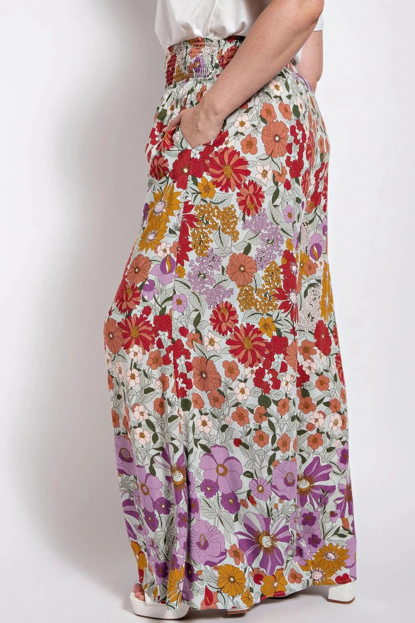 Flare Wide Leg And Waist Smocked Pants With Side Pocket
