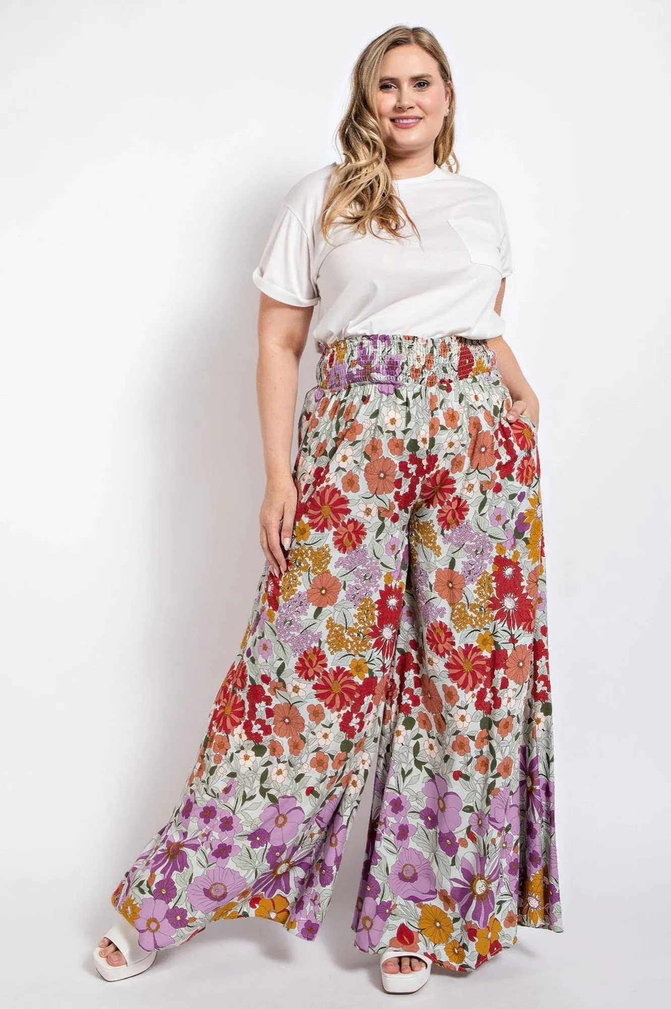 Flare Wide Leg And Waist Smocked Pants With Side Pocket