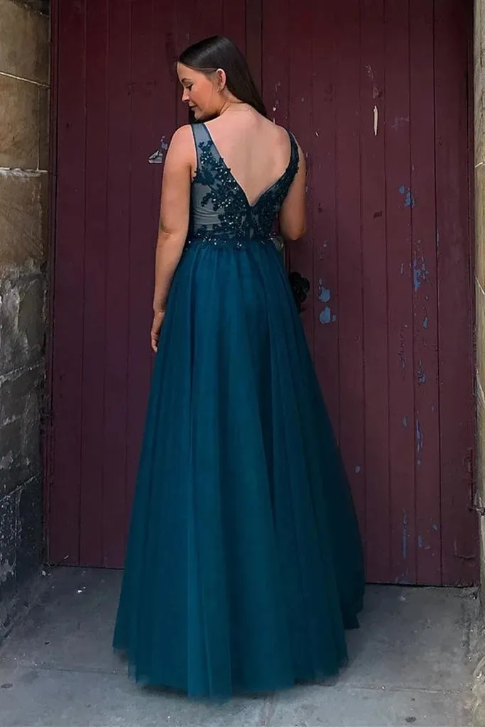 Floor Length Blue Lace Tulle Prom Dresses V Neck Long Formal Dress