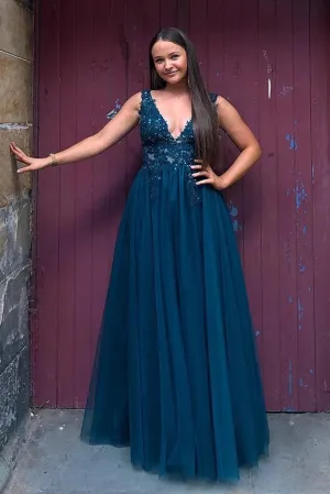 Floor Length Blue Lace Tulle Prom Dresses V Neck Long Formal Dress