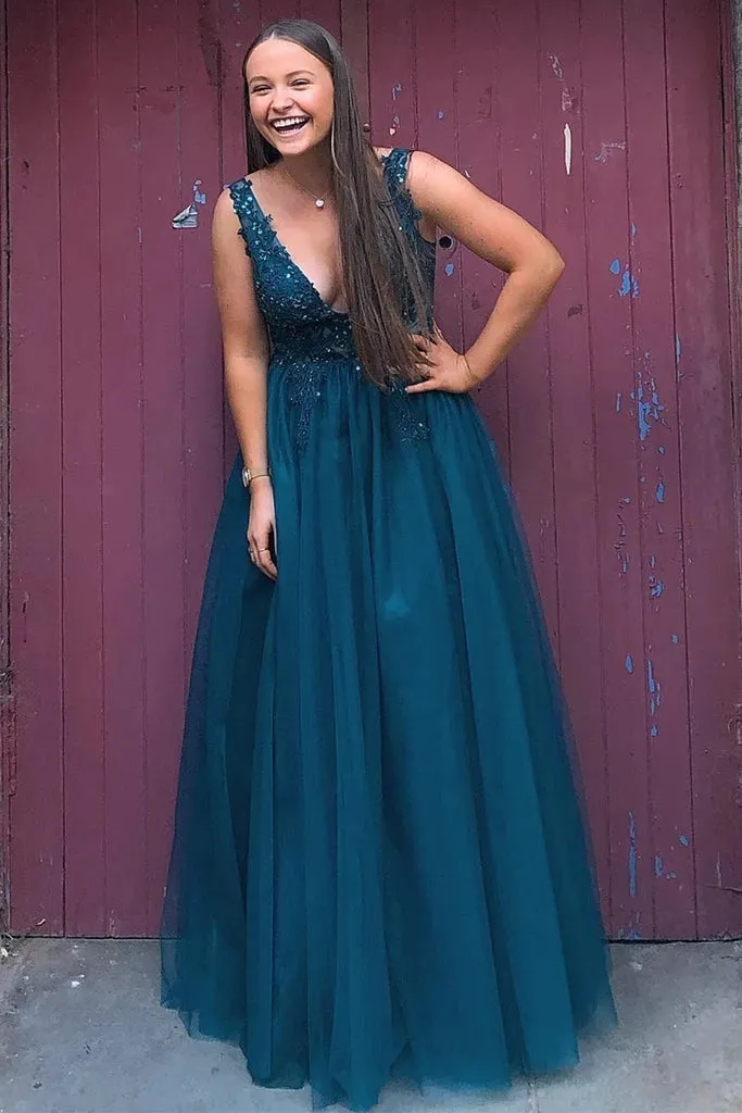 Floor Length Blue Lace Tulle Prom Dresses V Neck Long Formal Dress
