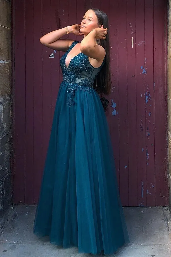 Floor Length Blue Lace Tulle Prom Dresses V Neck Long Formal Dress