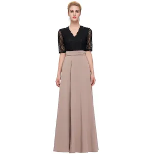 Floor Length Maxi Dress V-Neck Black Lace Women Long Dresses Half Sleeve Splicing High Split Party Dresses