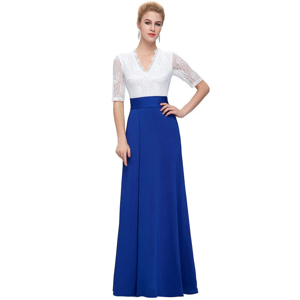 Floor Length Maxi Dress V-Neck Black Lace Women Long Dresses Half Sleeve Splicing High Split Party Dresses