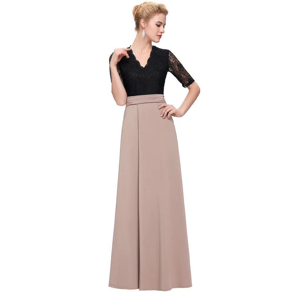 Floor Length Maxi Dress V-Neck Black Lace Women Long Dresses Half Sleeve Splicing High Split Party Dresses
