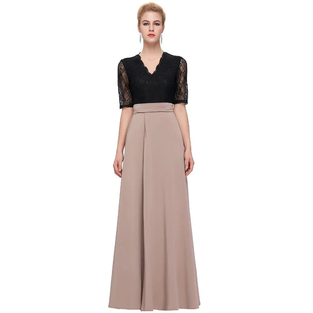 Floor Length Maxi Dress V-Neck Black Lace Women Long Dresses Half Sleeve Splicing High Split Party Dresses