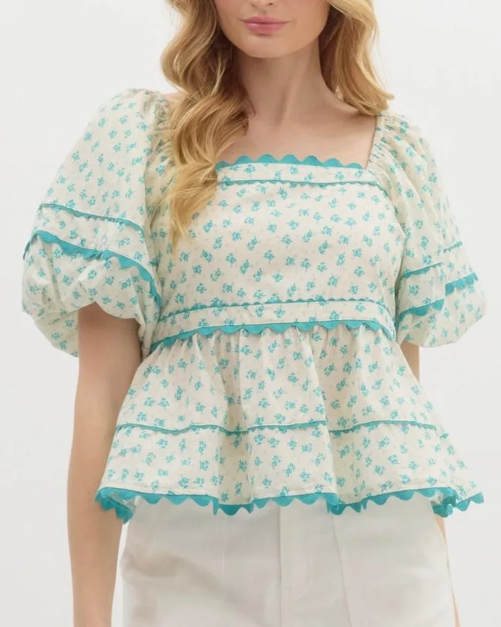 Floral Babydoll Top in Ecru/Teal