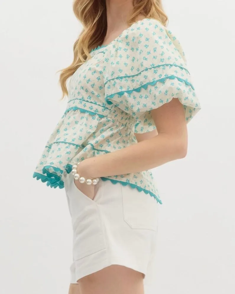 Floral Babydoll Top in Ecru/Teal