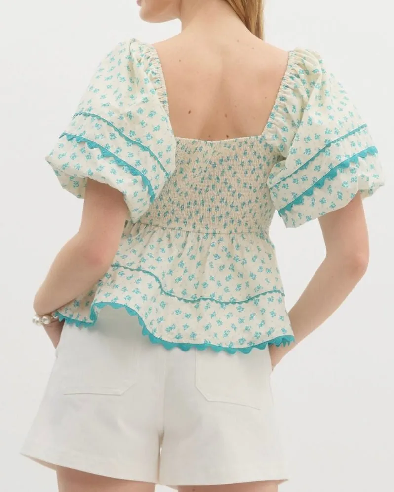 Floral Babydoll Top in Ecru/Teal