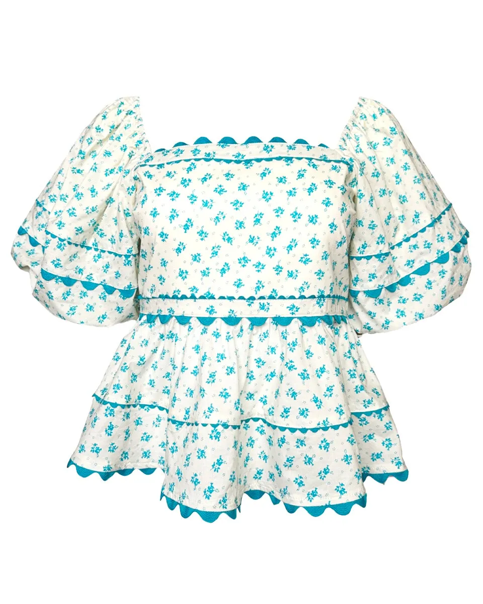 Floral Babydoll Top in Ecru/Teal