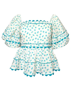 Floral Babydoll Top in Ecru/Teal