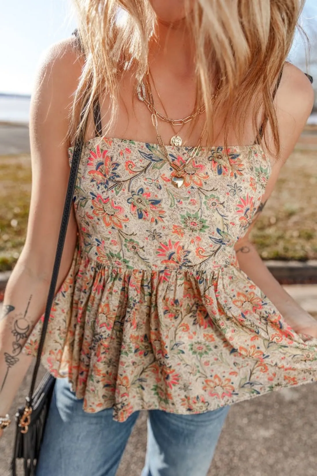 Floral Cotton Spaghetti Strap Peplum Cami - Pre-Order