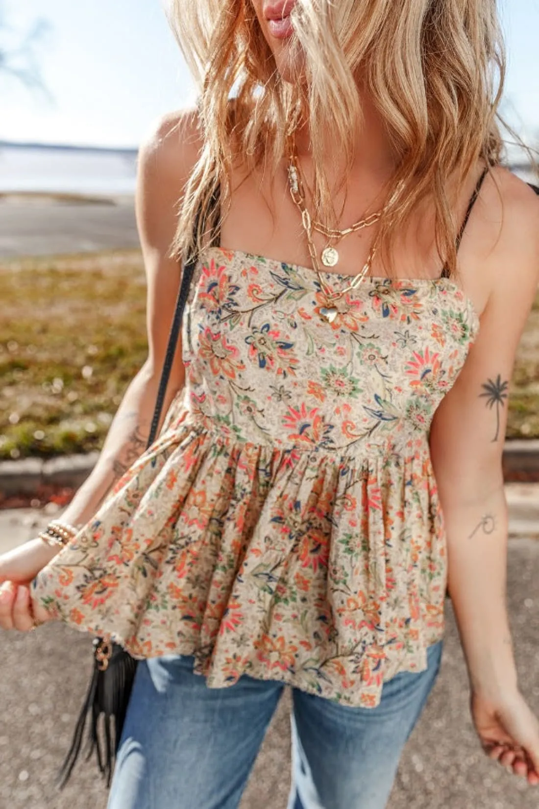 Floral Cotton Spaghetti Strap Peplum Cami - Pre-Order