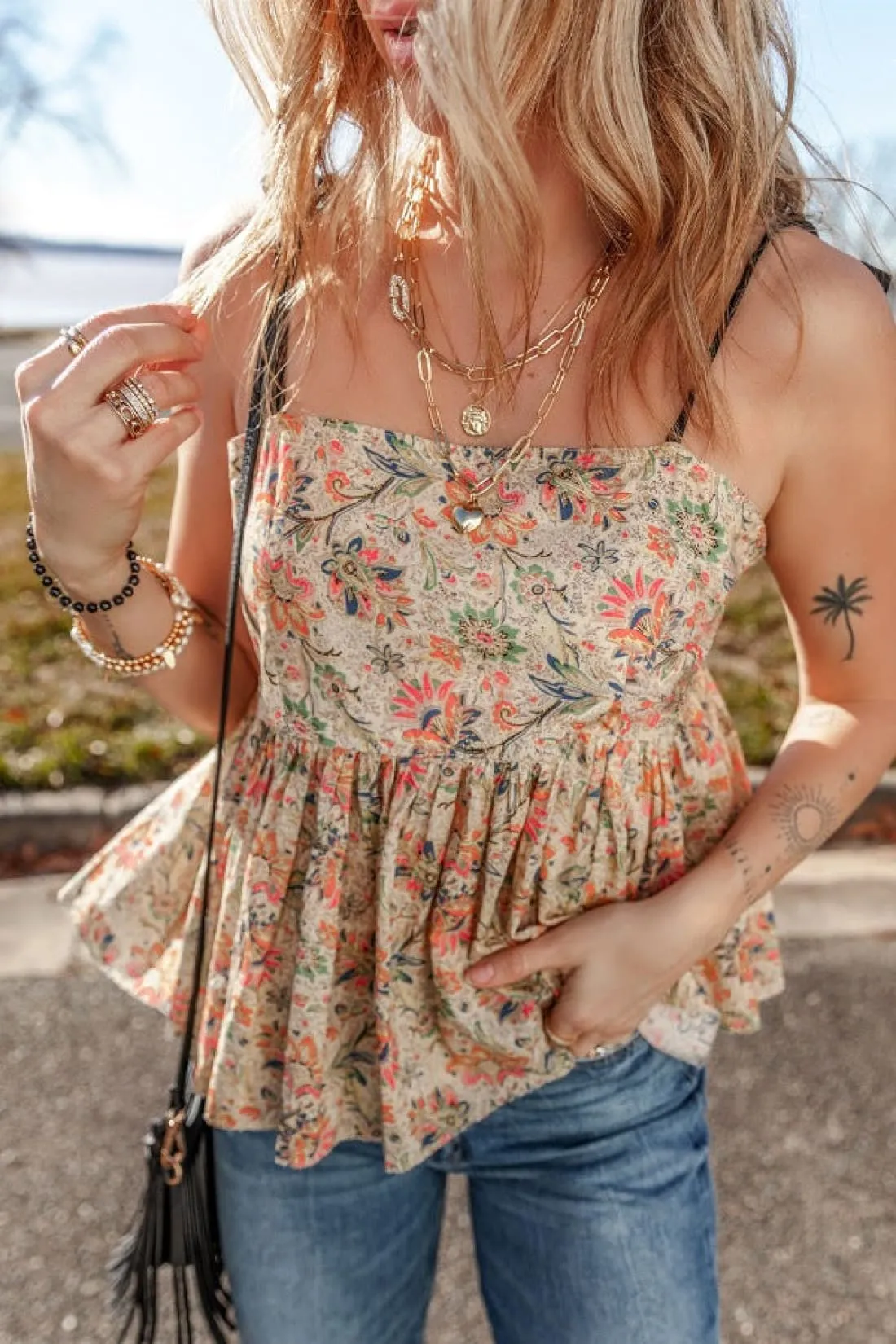 Floral Cotton Spaghetti Strap Peplum Cami - Pre-Order