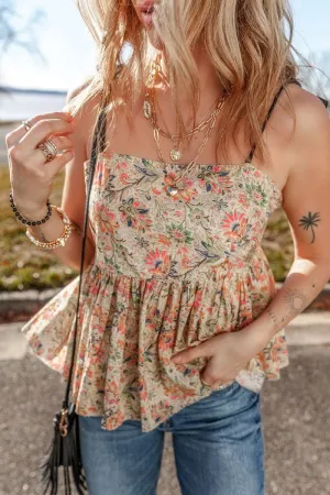 Floral Cotton Spaghetti Strap Peplum Cami - Pre-Order
