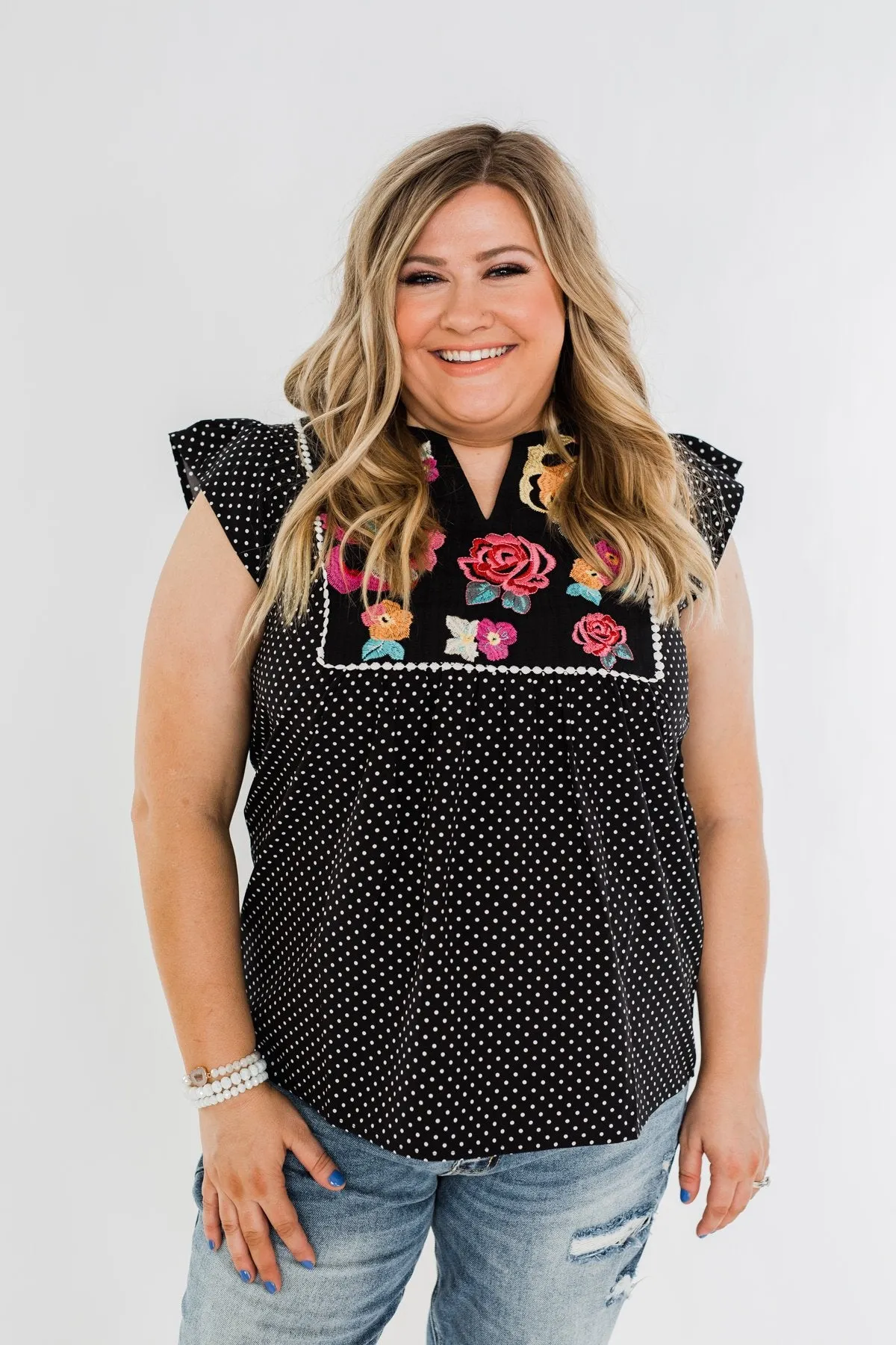 Floral Embroider & Polka Dot Top- Black