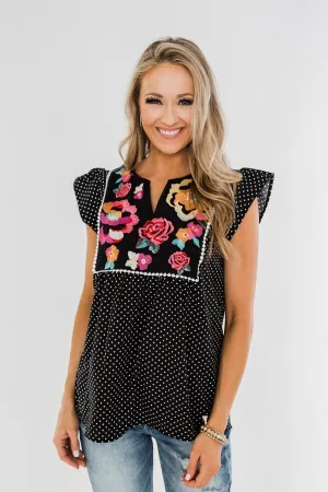 Floral Embroider & Polka Dot Top- Black