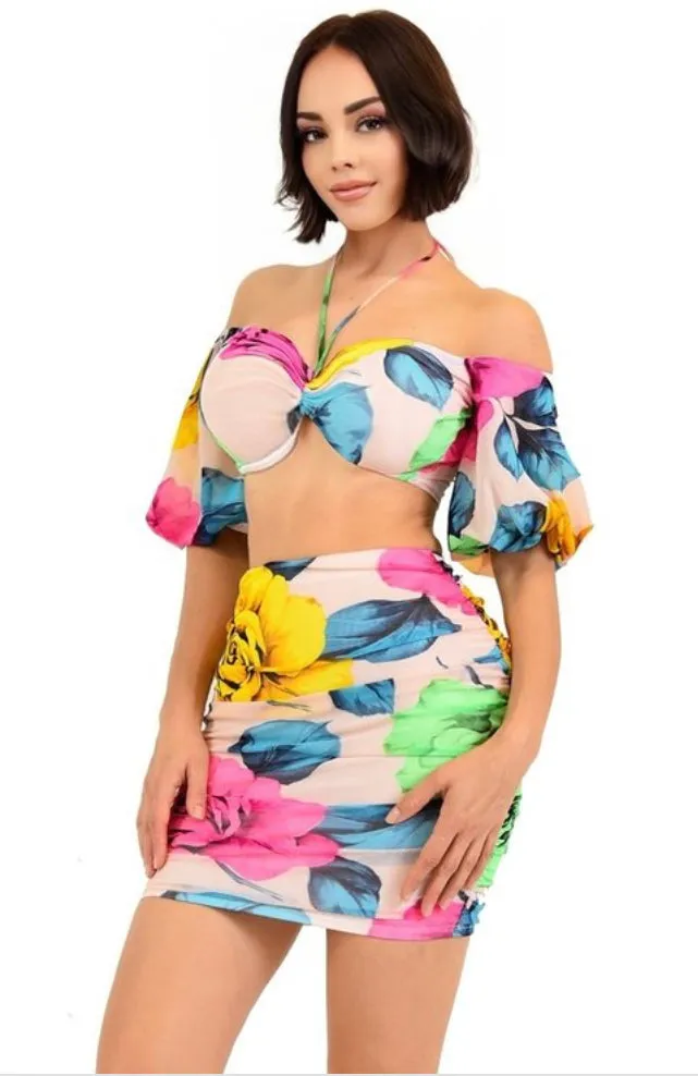 Floral Print 2 Piece Mesh Skirt Set