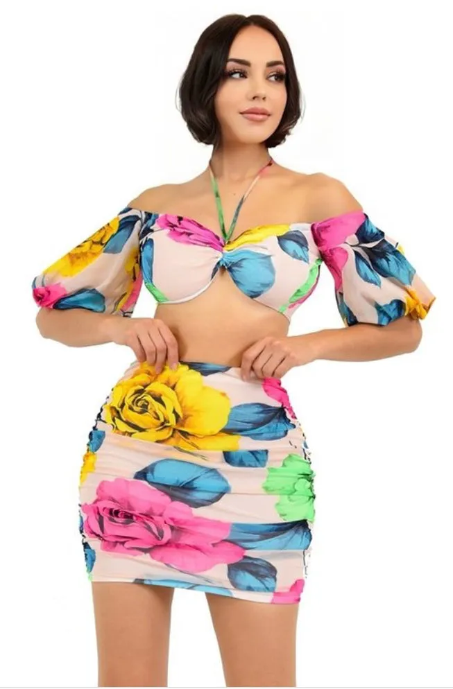 Floral Print 2 Piece Mesh Skirt Set