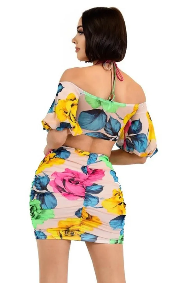 Floral Print 2 Piece Mesh Skirt Set